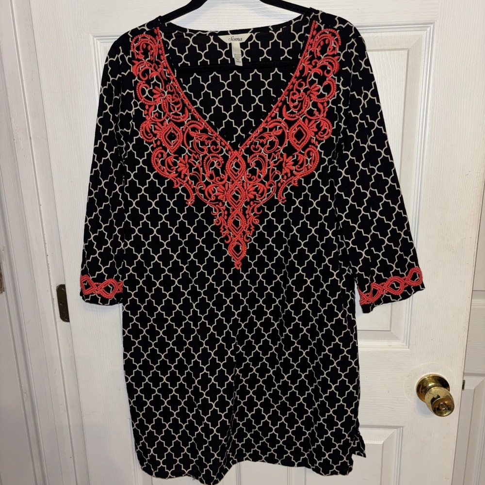 Soma L Tunic Cotton Black Geo Coral Embroidered Beach Swim Pool Cover Up Dress
